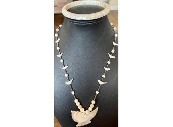 Vintage Mother Of Pearl Eagle And Bird Carved Fetish Necklace With Silver Beads & MOP Bracelet