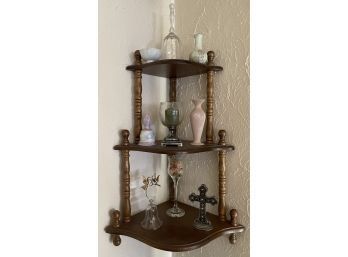 Vintage Wood Hanging Corner Shelf With Contents Including Glass Bells, Vases, Metal Cross, And More