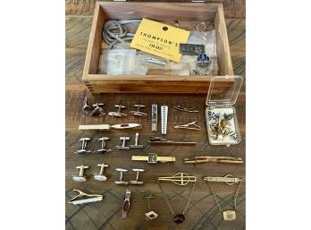 Lot Of Tie Tacks, Cuff Links, Jewelry Making Parts In Vintage Dovetail Wood Jewelry Box, Swank, Anson & More