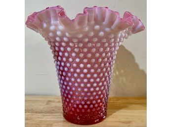 Vintage Fenton Cranberry Hobnail Tall Ruffled Vase