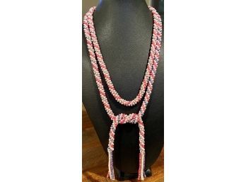Vintage 54' Seed Bead Lariat Necklace, Pink, Purple And Cream With Tassels