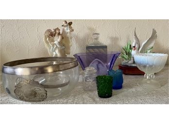 Vintage Glass Collection Including Religious Purple Vase, Compotes, Candle Holders, And More