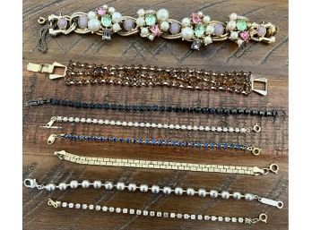 Collection Of Vintage Rhinestone & Silver Tone Bead Bracelets, Napier, Avon And More