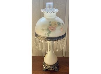 Vintage Hand-painted Hurricane Lamp With Brass Base And Prisms