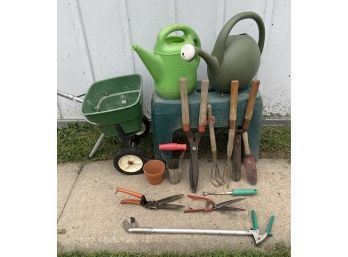 Garden Lot Including Spreader, Garden Bench, Hand Tools, & Watering Cans