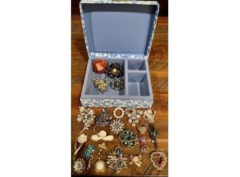 Floral Material Jewelry Box With Assorted Vintage Pins, Rhinestone, Enamel, Locket, Austria And More