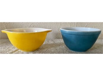 (2) Small Pyrex Blue And Yellow Cinderella And Mixing Bowls