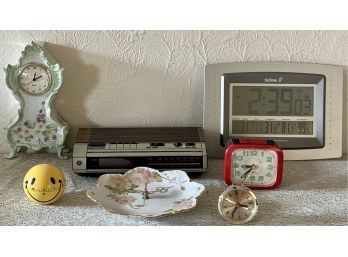Collection Of Vintage Clocks Including Battery, Electric, Skyscan Atomic Clock, Smiley Face Timer And More
