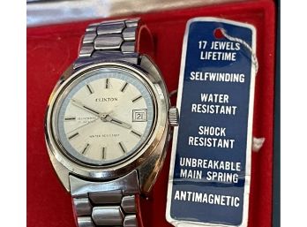 Vintage Men's Clinton Self Winding Water Resistant Wrist Watch In Original Case With Tags And Outer Box Runs
