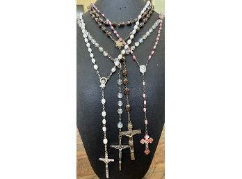 (4) Lovely Vintage Rosaries, Aurora Borealis Beads, Pink Mother Of Pearl, Gold Tone Encased Beads & White