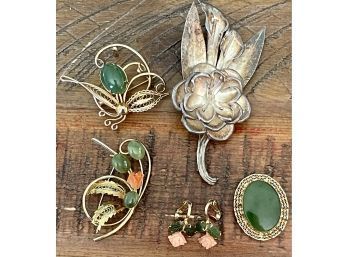 Vintage Angel Skin Coral & Jadeite 1/20th 12K Gold Filled Pins & Pendant And (1) Silver Pin