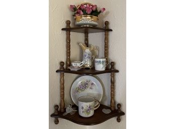 Vintage Wood Hanging Corner Shelf With Contents Including Hand-painted Glassware, Cups, Saucers, & More 1 Of 2