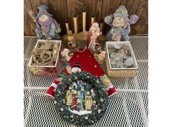 Christmas Decor Lot Including Resin Snowmen, Tree Skirt, Plaque, Glass Ornaments, & More