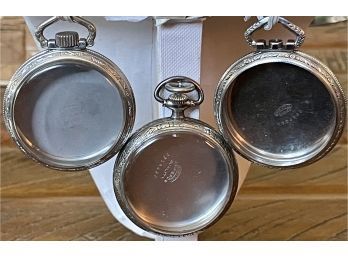 (3) Silver Tone Pocket Watch Cases (2) Have Front Crystals, Defiance, Star Nickel & Star Emperor Quality