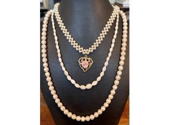 Lucoral Vintage Mother Of Pearl Necklace, Faux Pearl Strand & 1928 Bead And Flower Necklace
