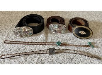 (3) Genuine Leather Size 48 Belts - (2) Abalone Shell Buckles Marked Mexico And (1) Lazy K Buckle