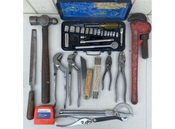 Assorted Hand Tool Lot - 18' Pipe Wrench, Socket Set, Pliers, Measuring, & More