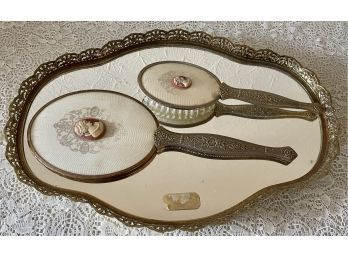 Vanity Mirror With Brush And Hand Mirror With Metal Handles And Cameo Backs