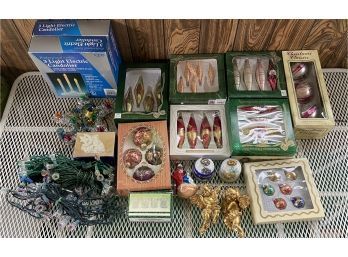 Fun Christmas Collection Including Ornaments With Original Boxes, Light Stands, Tree Topper, & More