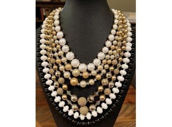 Vintage Collection Of Faux Bead Necklaces Included A Trifari Metal Back Choker, Black & Gold Bead And More