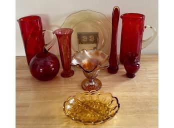 Collection Of Art Glass Including Hand-blown Red Handled Pictures, Carnival Glass Compote, Vases, And More