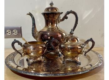 D.M Rogers Vintage Silver Plate Tea Set Including Teapot, Creamer, Sugar, And Tray