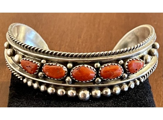 Vintage Navajo Native American Sterling Silver & Coral Cuff Bracelet Total Weights 27.5 Grams