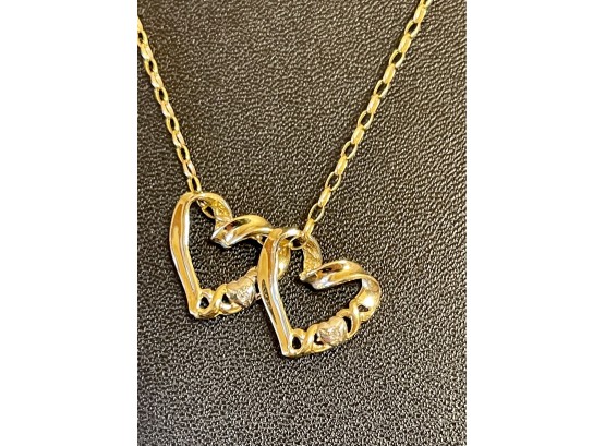 14K Gold 18' Chain With Two 14K Gold & Diamond Hearts, Total Weighs 3.02 Grams