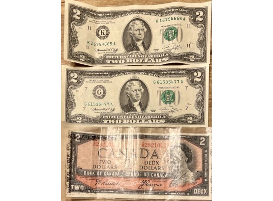 (3) Two Dollar Bills, (2) US 1976 Series And (1) Canadian 1954