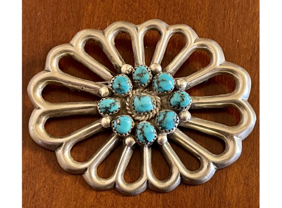Vintage Navajo Sand Cast Native American Sterling Silver And Turquoise Pendant Pin 48.4 Grams Total