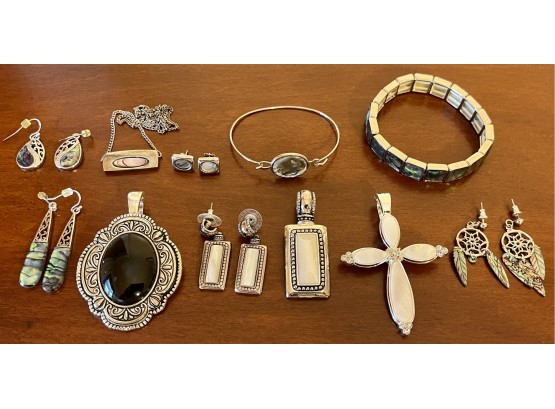 Premier Design Mother Of Pearl Pendant, Earrings, Abalone, Bracelet & Necklace, Black & Silver Pendant