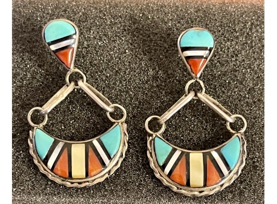 Gorgeous Vintage Zuni Sterling Silver & Inlay Post Dangle Earrings, Coral, Mother Of Pearl, And Onyx
