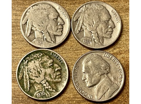 (3) Vintage Indian Head Buffalo  Nickel Coins, 1936, 37 & 38, (1) 1974 Nickel