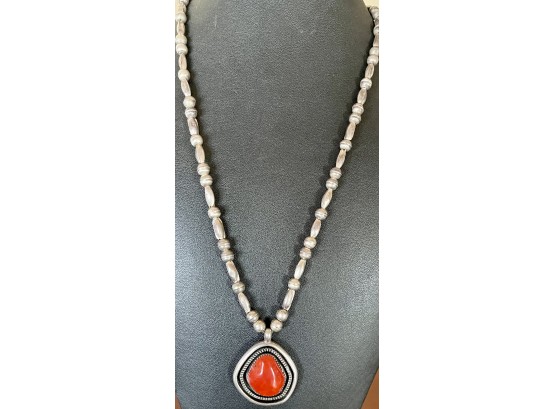 Vintage  Silver Bead And Coral Necklace Stamped B. Lincoln With Pendant