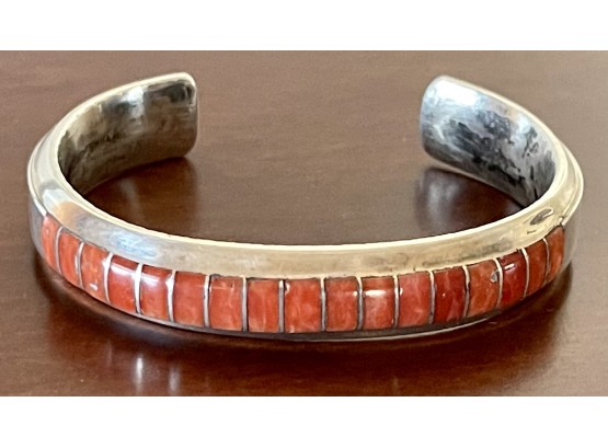 Stunning El Gasper Zuni Native American Sterling Silver And Coral Inlay Cuff Bracelet Total Weight 37 Grams