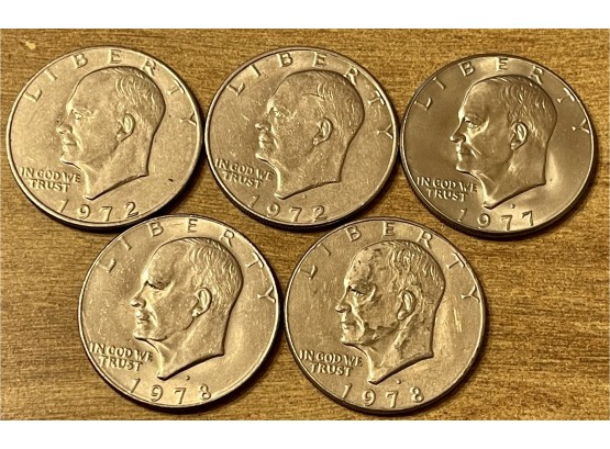 (5) Eisenhower Silver Dollar Coins, 40 Percent Silver,  1972, 1977, 1978