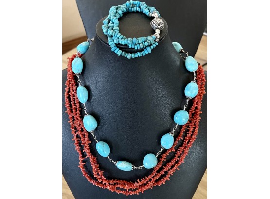 Vintage Coral Nugget Bead Necklace With 925 Silver Clasp, Turquoise Bead Necklace & Blue Bead Bracelet