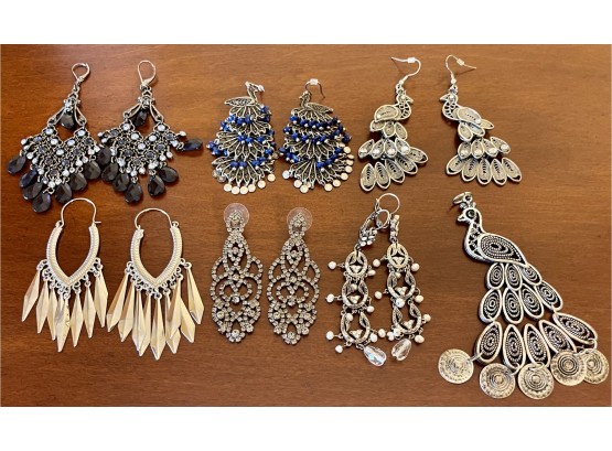 Collection Of Statement Earrings & Pendant, Peacocks, Marcasite, Bead, Silver Tone Dangle & More