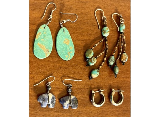 (4) Pairs Vintage Native American Earrings, Purple Stone Fetish Bears, Inlay Hoops, Turquoise Cabochons & More