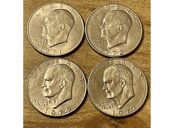 (4) Eisenhower Silver Dollar Coins, 40 Percent Silver, 1971, 1972, 1974, 1977