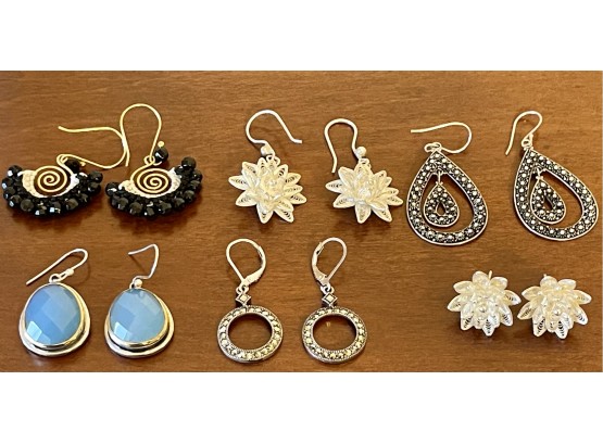 (5) Pairs Of Sterling Silver Earrings, Marcasite, Filigree, Tone & (1) Pair Of Bead And Gold Tone Wire