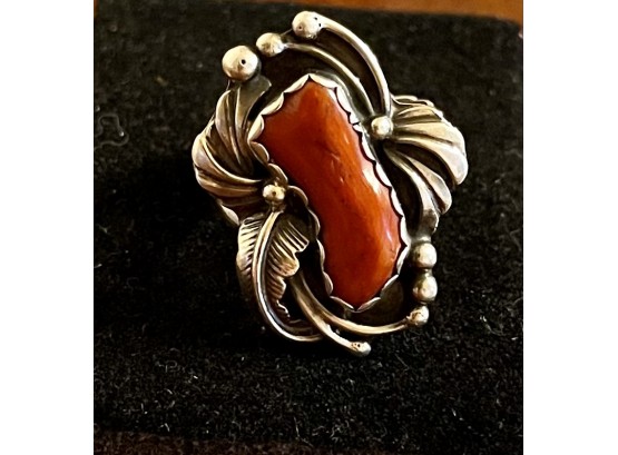 LB Les Baker Jewelry Native American Navajo Sterling Silver & Coral Ring Size 7