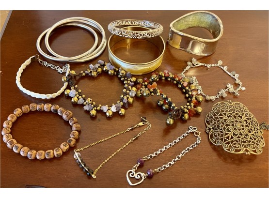 Assorted Stone, Bead, Bell & Metal Bracelets, Bangle, Tie, (1) Gold Filled, (1) Woven, Amethyst, Carnelian