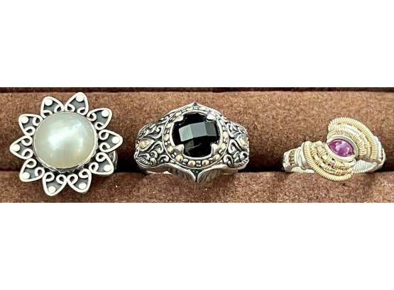 18K Gold & Sterling Silver Ring Size 9, (1)  Sterling Silver & Faux Pearl Ring & (1) Gold & Silver Wrap Ring