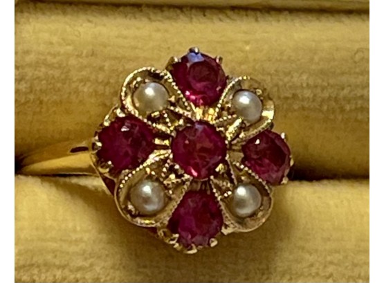 14K Yellow Gold & Akoya Pearl & Synthetic Brilliant Cut Ruby Ring, Size 5, Weighs 3.05 Grams Total