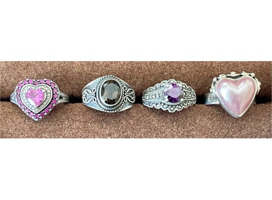 (4) Sterling Silver 925 Rings, Pink Shell And CZ Stones, Sizes 6-7