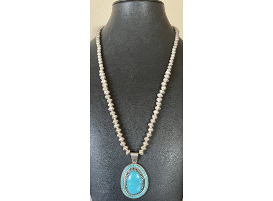 Gorgeous Native American Sterling Silver Bead And Turquoise Pendant Necklace Stamped P