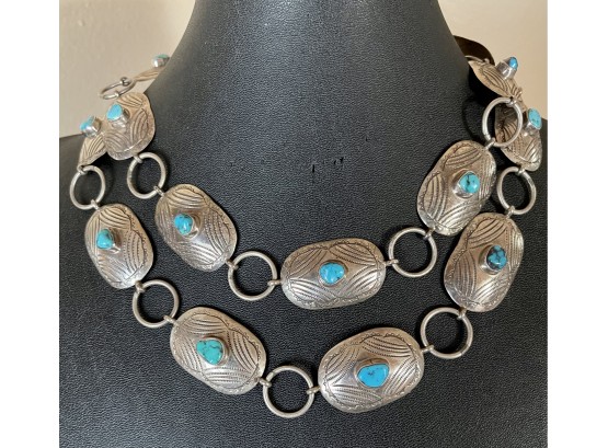 Vintage Signed Navajo Stamped Sterling Silver & Turquoise 36' Necklace Or Concho Belt 77 Total Grams