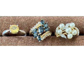 (3) Vintage Rings (1) Sterling Silver With Amber Stone, (1) Avon & (1) Blue & Clean CZ Adjustable Ring