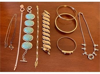 Collection Of Bracelets, Bangle And Clasp, One 12K Gold Filled, One Rhinestone Tennis Bracelet & Necklaces